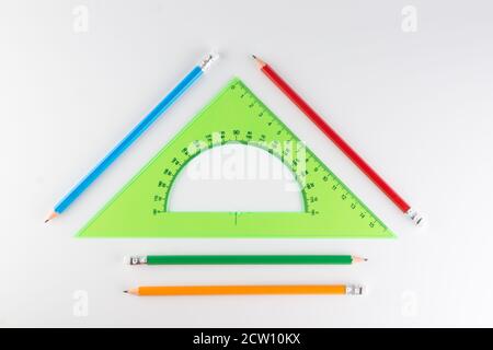 triangular ruler for studying at school isolated on a white background Stock Photo