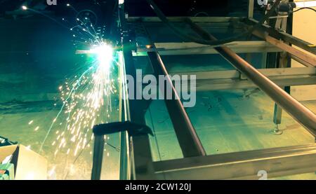 Plasma cutting of steel on a rack Stock Photo