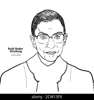 September 24, 2020 Drawing portrait of United States Supreme Court Justice, Ruth Bader Ginsburg isolated on white background. vector illustration. Stock Vector