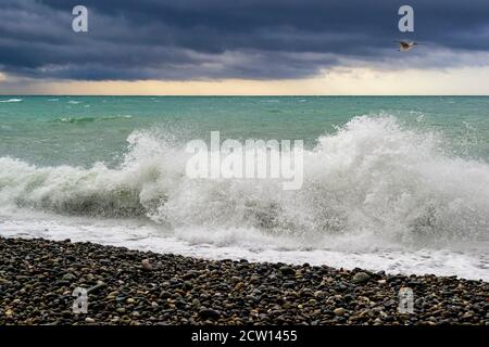 Splashes of waves during stormy wind in the sea at pebble beach and dark cloudy sky. Stock Photo