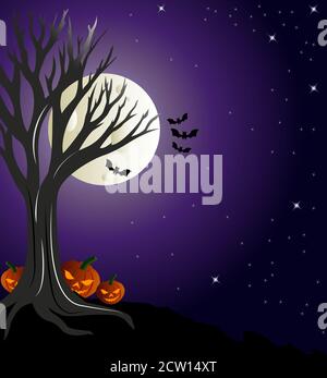 Scary scene of halloween night in which pumpkin laterns are hiding behind a tree under clear sky with full moon and stars. Stock Vector