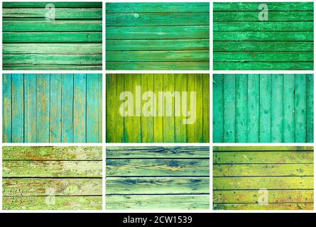 Set of different green painted wooden texture boards Stock Photo