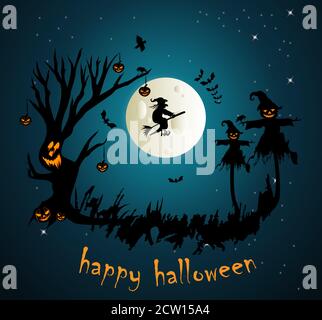 Spooky Halloween tree with scarecrows and witch flying on broom vector illustration for banners, party invitations and greeting cards. Stock Vector