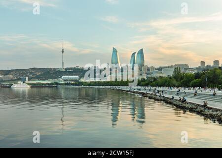 Baku city Caspian Sea Boulevard at sunset time Stock Photo