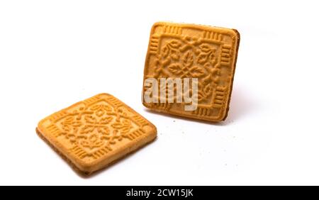 Several tasty crackers isolated on white background Stock Photo