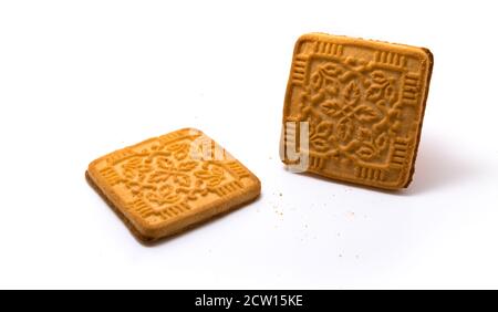 Several tasty crackers isolated on white background Stock Photo
