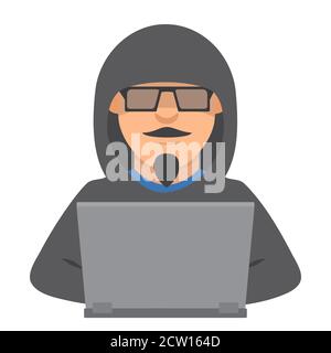 Computer hacker with laptop.Criminal steals information.Cartoon character is stealing from a internet. Stock Vector