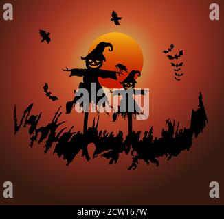 Silhouette drawing of scarecrow in middle of farm on a scary afternoon. Stock Vector