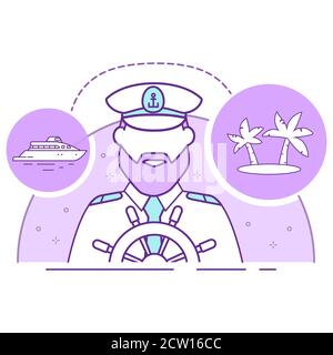 Ship captain in uniform icon in uniform. Cruise on a yacht to a tropical island. Stock Vector