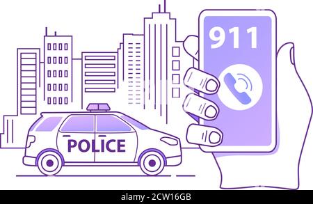 Calling a police patrol car. Hand holds smartphone. Mobile emergency application. Stock Vector