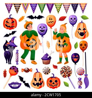 Halloween decoration design elements collection. Holiday balloons with grinning face, candy, black cat, bat icons. Kids in funny costumes of pumpkins Stock Vector
