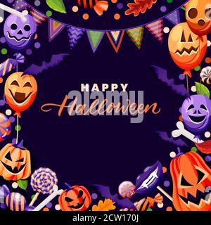 Halloween poster, banner, party invitation design template. Holiday frame with horror decoration. Balloons with grinning faces, pumpkin lanterns, bats Stock Vector