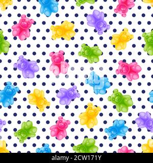 Jelly bear candy and polka dot vector seamless pattern. Sweet colorful kids background. Vector cartoon illustration. Multicolor fabric design, birthda Stock Vector
