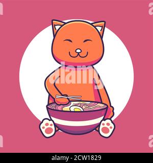 cute cat is eating noodles. cartoon vector illustration Stock Vector