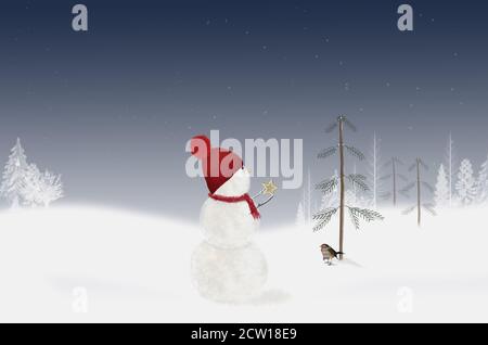Snowman in winter woods with gold Christmas star ornament and bird Stock Photo