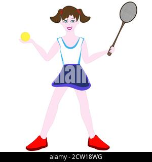 Smiling girl holding a tennis ball and racket in her hands isolated on white background. Stock Vector