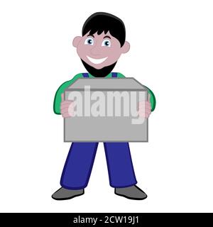 Smiling male loader holding a box in his hands isolated white background. Stock Vector