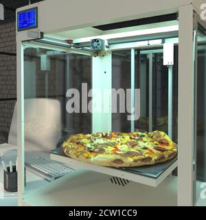 Pizza printed on a 3D printer. Synthetic food. Food 3D printer. Future concept with smart robotics and artificial intelligence. Using a 3D printer in Stock Photo