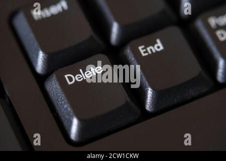 A macro closeup of the delete button on a computer keyboard. Concept: delete, remove, cancel, erase, cancel culture, deleted, removed, erased Stock Photo