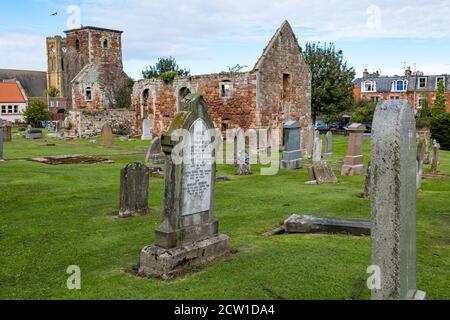 Ruined and roofless 17th century Old St Andrew's Church and old graves in cemetery, North Berwick, East Lothian, Scotland, UK