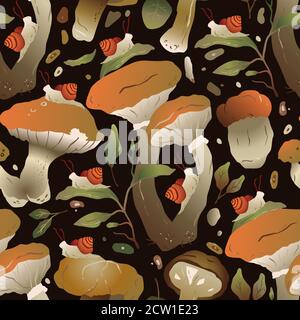 Handdrawn trendy forest background. Seamless vector pattern with mushroom, snail and floral autumn design in a gradient flat style. Stock Vector