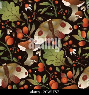 Handdrawn trendy forest mushroom and butterfly background. Seamless vector pattern. Floral autumn design in a flat style with oak leaves, berries and moth. Stock Vector