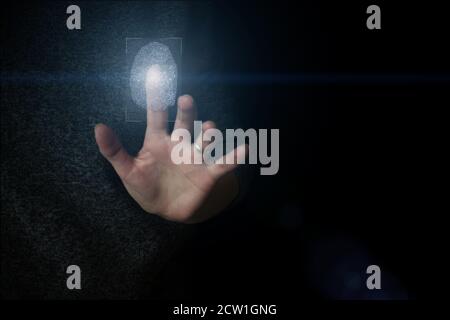 Hologram fingerprint, fingerprint scan, blue background, ultraviolet. concept of fingerprint, biometrics, information technology and cyber security Stock Photo