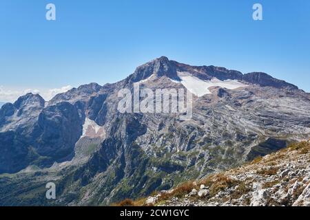 view of the rocky peak of Mount Fisht in the Caucasus from the slope of Mount Oshten Stock Photo