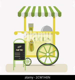 Street food cart with sweet corn. Flat vector illustration of a cute cart selling corn in cups at fairs, street, Park, festival. Advertising stand with the kiosk s menu and price list. Happy corn logo on the front of the kiosk.Colorful vector illustration, cute style, isolated on white background Stock Vector