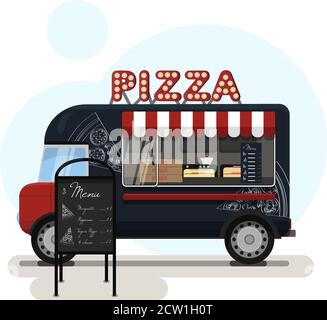 Street food truck with pizza. Vector flat illustration of a pizza place on wheels with a striped awning, hand-drawn pizza on a van, and an advertising stand with a menu. Stylish retro illustration of fast food in parks and on the streets. Business car vector. Car shop on wheels. Colorful track car with logos. Stock Vector