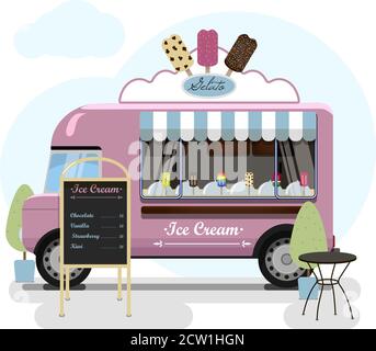 Street food truck with ice cream. Vector flat illustration of a pastry shop on wheels with a striped awning, Popsicle on a van and an advertising stand with a menu. Stylish retro illustration of fast food in parks and on city streets. Shop for cars on wheels. Colorful car track with logo. Funny vector illustration with cold drinks and ice cream Vector illustration of colorful ice cream truck in flat style Stock Vector