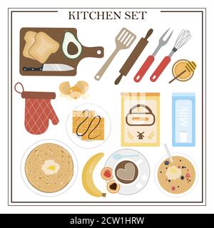 Set of kitchen items and dishes for breakfast. Vector illustration of a dining table with coffee, cake, cookies, avocado toast, pancakes, waffles, doughnuts and appliances. Flat design for a restaurant, menu, home interior dining room or cooking site. Wooden table with tablecloth, flowers and serving. Stock Vector
