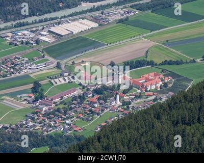 Aerial view of Stams and its Cistercian Abbey, Inn Valley, Tyrol, Austria Stock Photo