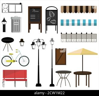 A set of vector items for street, Park or garden design. Bench, bicycles, fence, awnings, street lamps, garden furniture, trash cans, chimney, and signs for decorating a house, store, or building. Flat design illustration with isolated street objects on a white background. Stock Vector