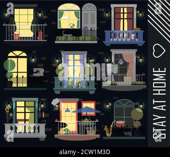 multi-storey brick house with different balconies and items of people of different professions who live in it. Beautiful balconies for recreation and work. Stay home motivational banner. Brick houses front at night. Flat vector illustration. Stock Vector