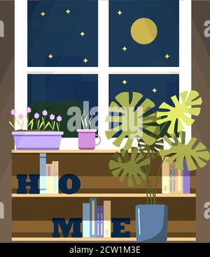 Vector window with a view of the night city, with a flower on the windowsill and a Cup of tea. A flat illustration of a room with bookshelves, letter book holders, a home flower in a monstera pot, and a window with views at the moon, high-rises, and trees. Cozy house in warm summer weather. Stock Vector