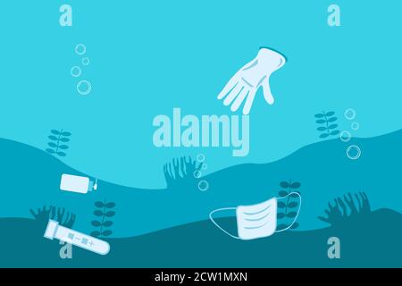 Underwater trash after pandemic coronavirus Covid-19. Protective gloves, plastic bottle sanitizer, test flask and medical surgical mask Stock Vector