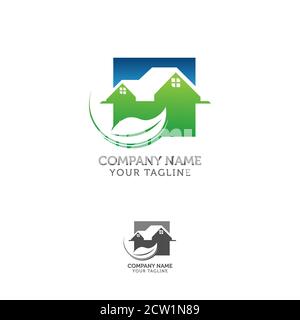 Modern green living logo, gradient color, house building and leaf vector icon Stock Vector