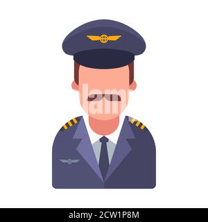 mustachioed pilot of a passenger plane. flat vector character illustration. Stock Vector