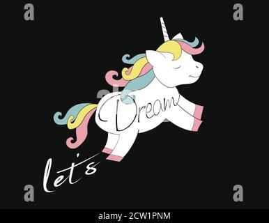 A cute white unicorn with a variegated mane and a tail in pastel shades gallops forward. Text Let's Dream. Stock Vector