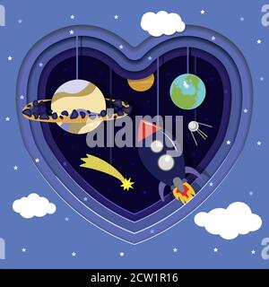 Space cut out of paper with planets, rocket and stars. Heart cut out of paper. Hung on strings paper satellite, Earth, Saturn, mercury, satellite and meteorite. Paper cartoon space with stars and clouds. Cute vector drawing of solar system elements.