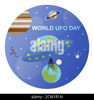 Vector image for international UFO day. A flat picture of a flying saucer with aliens who want to steal something from the planet Earth. A fun cartoon illustration with a space theme. Stock Vector