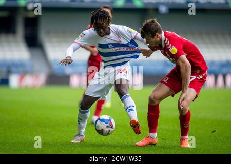 London, UK. 26th Sep, 2020. Osman Kakay (24) of Queens Park Rangers (r) in action .EFL Skybet Championship match, Queens Park Rangers v Middlesbrough at The Kiyan Prince Foundation Stadium, Loftus Road in London on Saturday 26th September 2020. this image may only be used for Editorial purposes. Editorial use only, license required for commercial use. No use in betting, games or a single club/league/player publications. pic by Tom Smeeth/Andrew Orchard sports photography/Alamy Live news Credit: Andrew Orchard sports photography/Alamy Live News Stock Photo