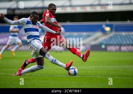 London, UK. 26th Sep, 2020. Bright Osayi-Samuel (11) of Queens Park Rangers in action with Marc Bola (27) of Middlesbrough. EFL Skybet Championship match, Queens Park Rangers v Middlesbrough at The Kiyan Prince Foundation Stadium, Loftus Road in London on Saturday 26th September 2020. this image may only be used for Editorial purposes. Editorial use only, license required for commercial use. No use in betting, games or a single club/league/player publications. pic by Tom Smeeth/Andrew Orchard sports photography/Alamy Live news Credit: Andrew Orchard sports photography/Alamy Live News Stock Photo