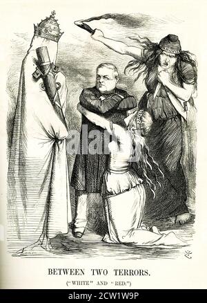 The caption for this illustration reads: Between Two terrors (“White” and “Red”). The labels on the characters from left to right are: Monarchy, France, Communism. The man  represents Louis Adolphe Thiers, the first President of the Third Republic. The figure representing France embraces him. To the right is the threatening figure of Communism, and to the left the shrouded figure of Monarchy. Opposed by the monarchists in the French assembly and the left wing of the Republicans, Thiers resigned on 24 May 1873. It is taken from the Punch Almanac for 1873. Its date is October 18, 1873. Punch, or Stock Photo