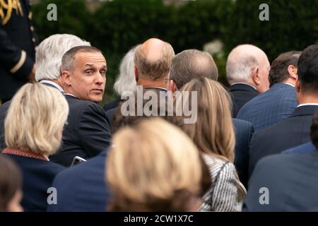 Donald Trump 2016 campaign manager Corey Lewandowski chats with other participants before President Donald Trump makes an announcement in the Rose Garden to nominate Judge Amy Coney Barrett for the Supreme Court seat left vacant by Justice Ruth Bader Ginsburg's death last week Sep. 9/26/20, 2020 in Washington DC. The Republican-controlled Senate now has little time if they opt to confirm the nominee ahead of Election Day. (Photo by Photo Ken Cedeno/Sipa USA ) Credit: Sipa USA/Alamy Live News Stock Photo