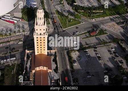 Archival September 2005 aerial view of the historic Freedom Tower building in downtown Miami, Florida. Stock Photo