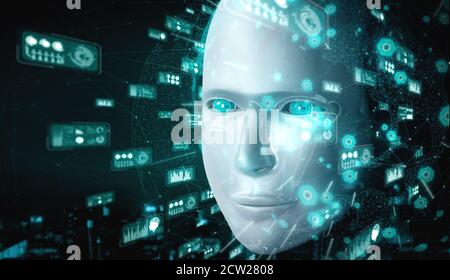Robot humanoid face close up with graphic concept of big data analytic by AI thinking brain, artificial intelligence and machine learning process for Stock Photo