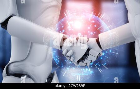 3D rendering humanoid robot handshake to collaborate future technology development by AI thinking brain, artificial intelligence and machine learning Stock Photo