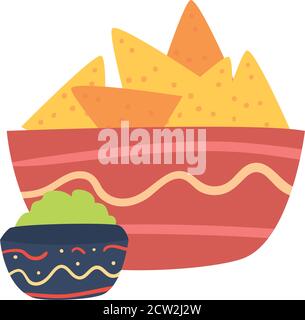 Mexican nachos bowl with guacamole free form style icon design, Mexico culture theme Vector illustration Stock Vector